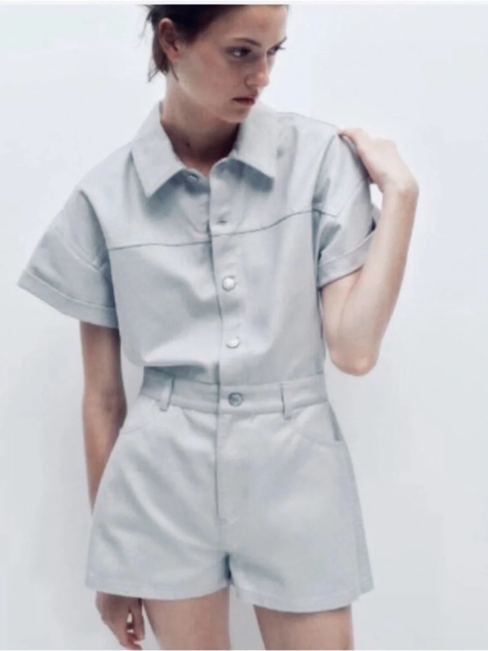 NWOT ZARA Metallic Denim Dusty Blue / Gray Shimmer  Romper |Size XS - Picture 6 of 11